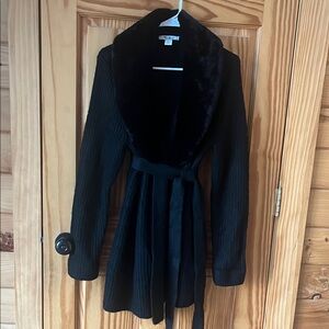 White House Black Market Black Cardigan with Faux Fur Collar